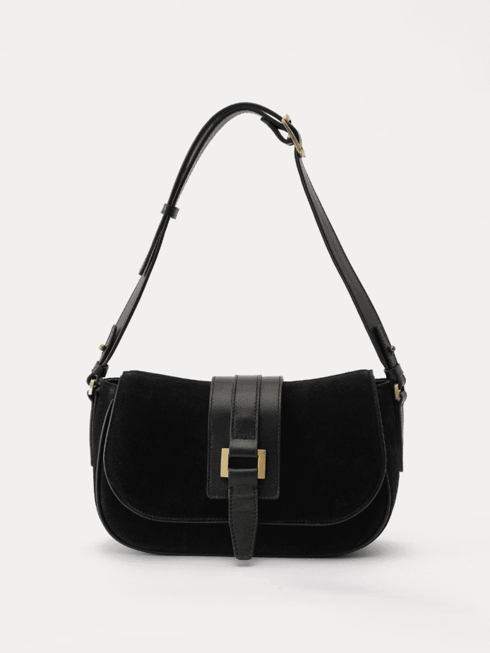 AJEES black velvet shoulder bag with leather strap and gold-tone hardware