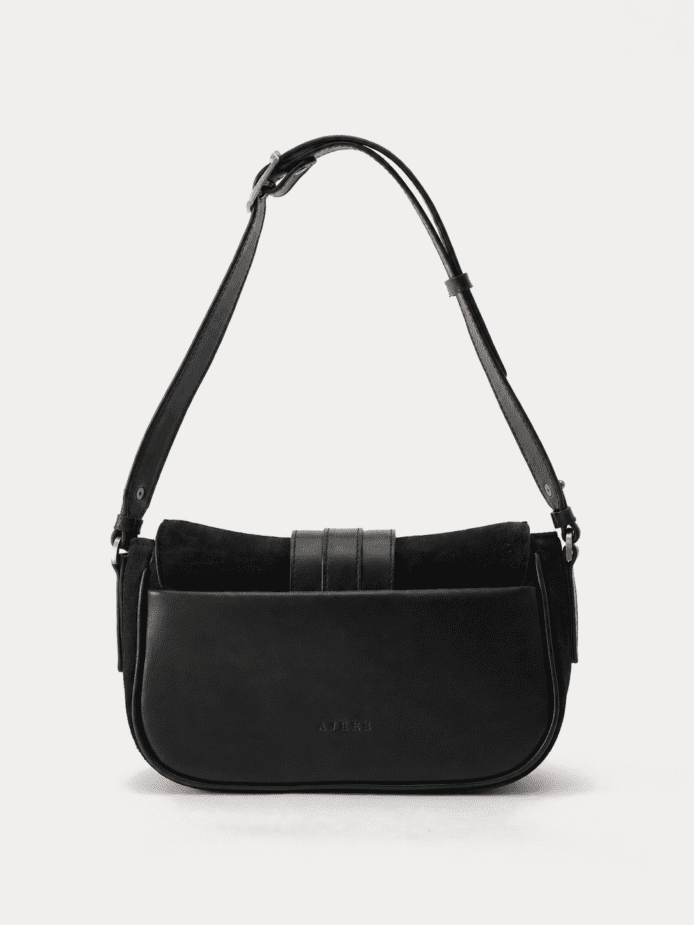 AJEES black velvet shoulder bag with leather strap and gold-tone hardware