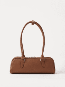 AJEES premium brown leather shoulder bag with long handles and zip closure