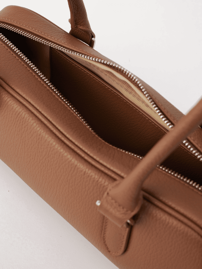 AJEES premium brown leather shoulder bag with long handles and zip closure
