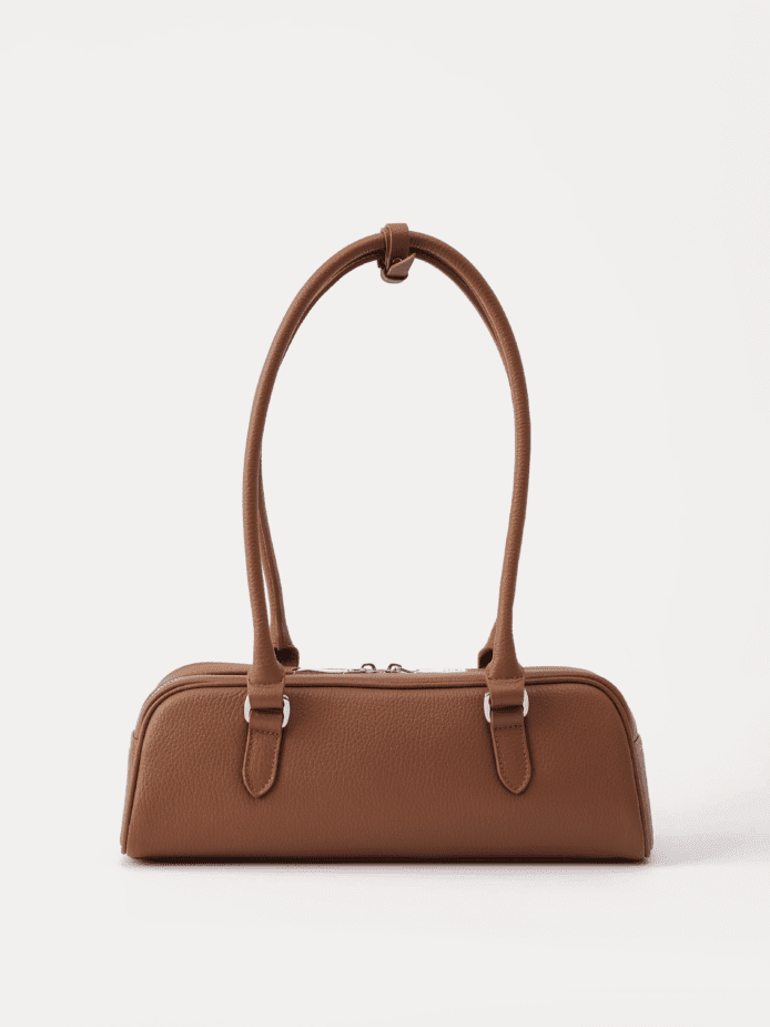 AJEES premium brown leather shoulder bag with long handles and zip closure