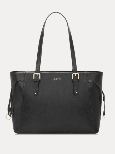 AJEES black leather tote bag for women with gold hardware, spacious shoulder handbag for office, travel, shopping, and everyday use.