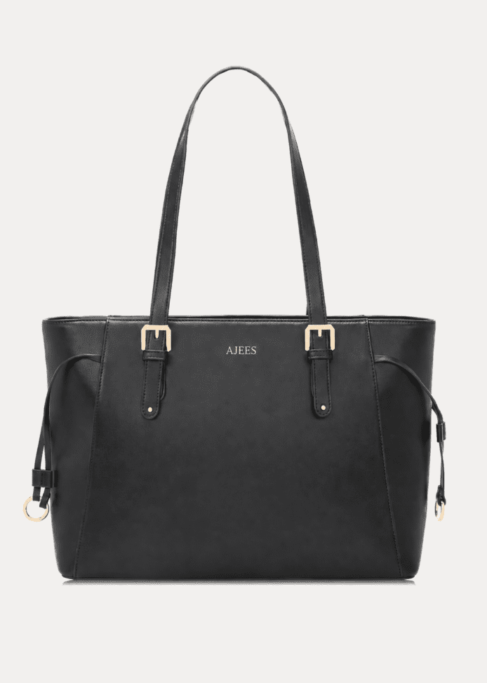 AJEES black leather tote bag for women with gold hardware, spacious shoulder handbag for office, travel, shopping, and everyday use.