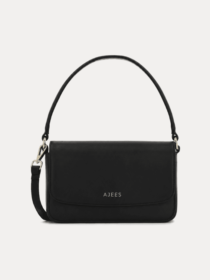 AJEES luxury black shoulder bag for women with detachable crossbody strap and gold-tone hardware