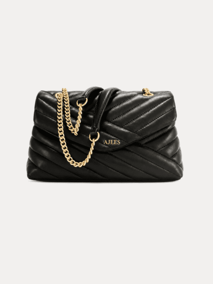AJEES Black Quilted Chain Shoulder Bag with Gold Chain Strap and Luxury Padded Design