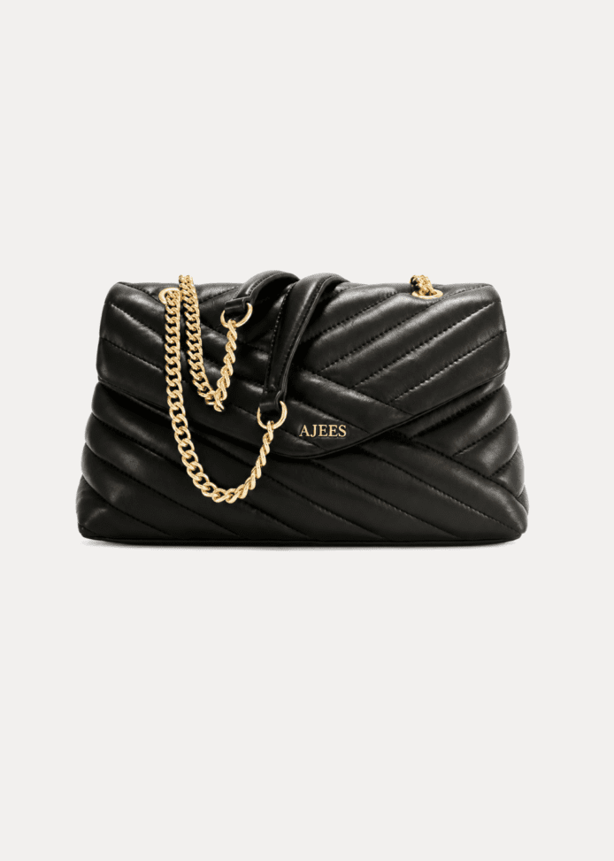 AJEES Black Quilted Chain Shoulder Bag with Gold Chain Strap and Luxury Padded Design