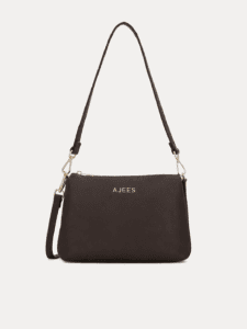 AJEES dark brown leather shoulder bag with adjustable strap and gold-tone hardware