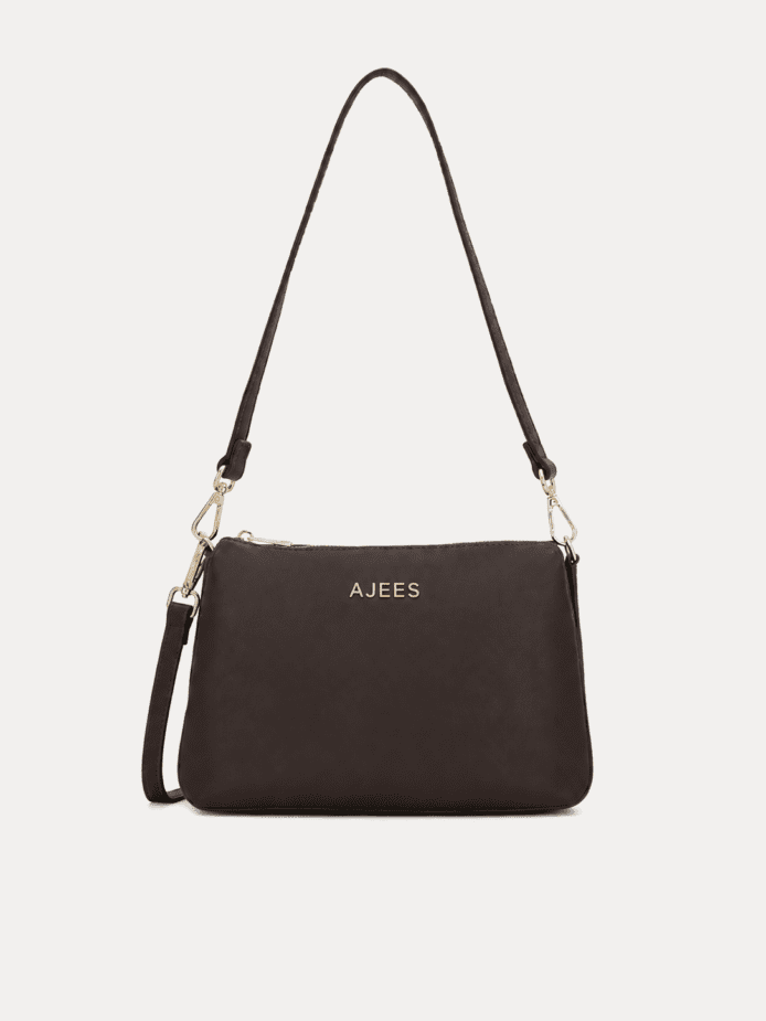 AJEES dark brown leather shoulder bag with adjustable strap and gold-tone hardware