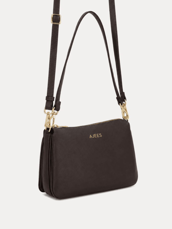 AJEES dark brown leather shoulder bag with adjustable strap and gold-tone hardware
