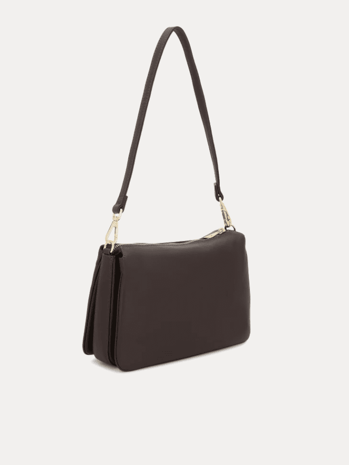 AJEES dark brown leather shoulder bag with adjustable strap and gold-tone hardware