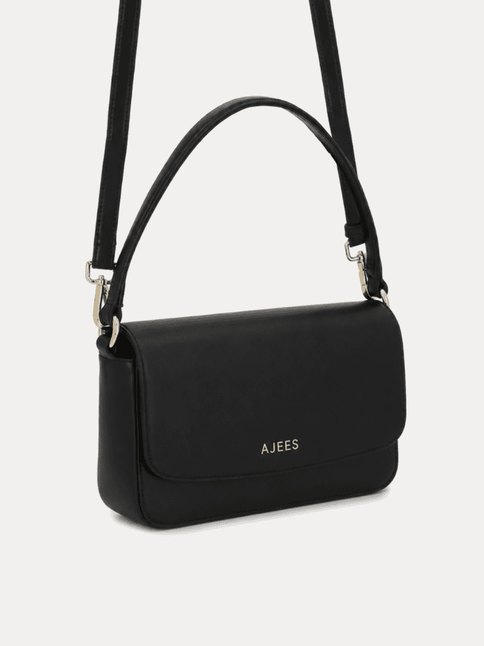 AJEES luxury black shoulder bag for women with detachable crossbody strap and gold-tone hardware