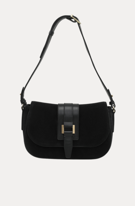 AJEES black velvet shoulder bag with leather strap and gold-tone hardware