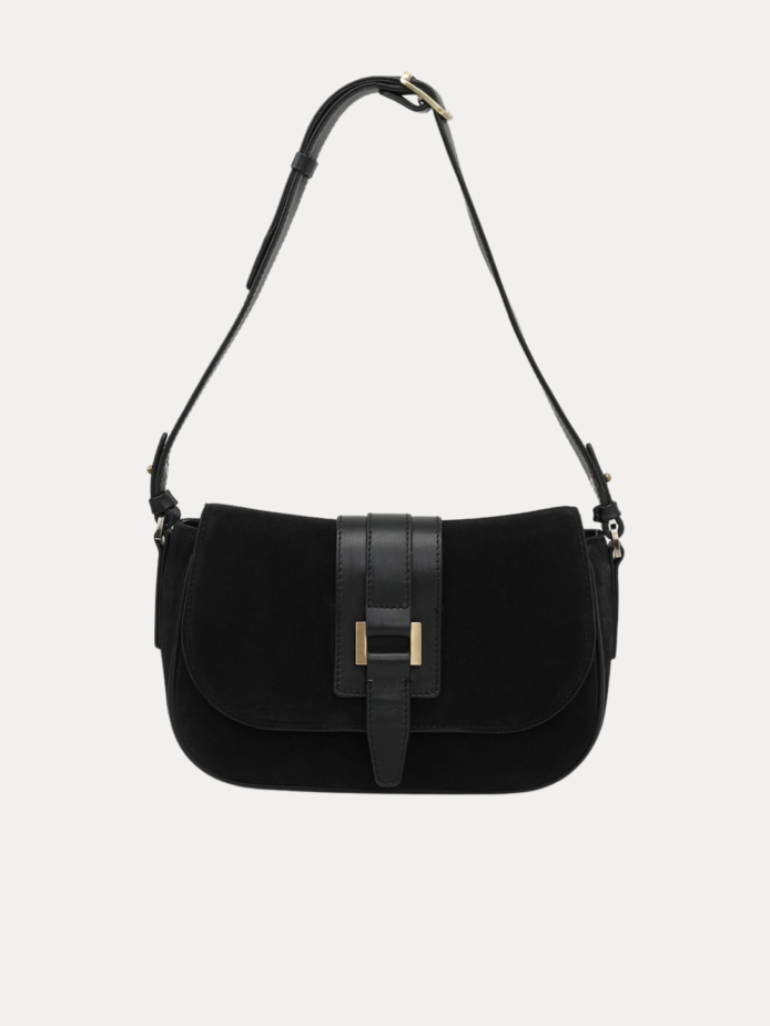 AJEES black velvet shoulder bag with leather strap and gold-tone hardware