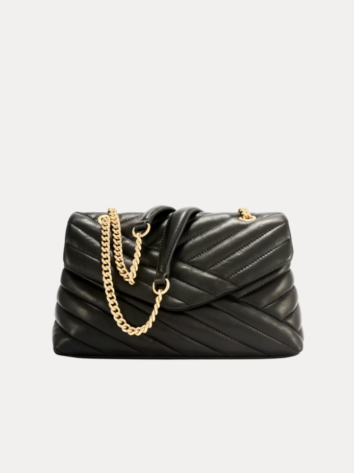 Black Quilted Leather Chain Women Bag with Gold Chain Strap