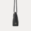 "Elegant Women's black tote bag with gold buckle straps and side lace detail"