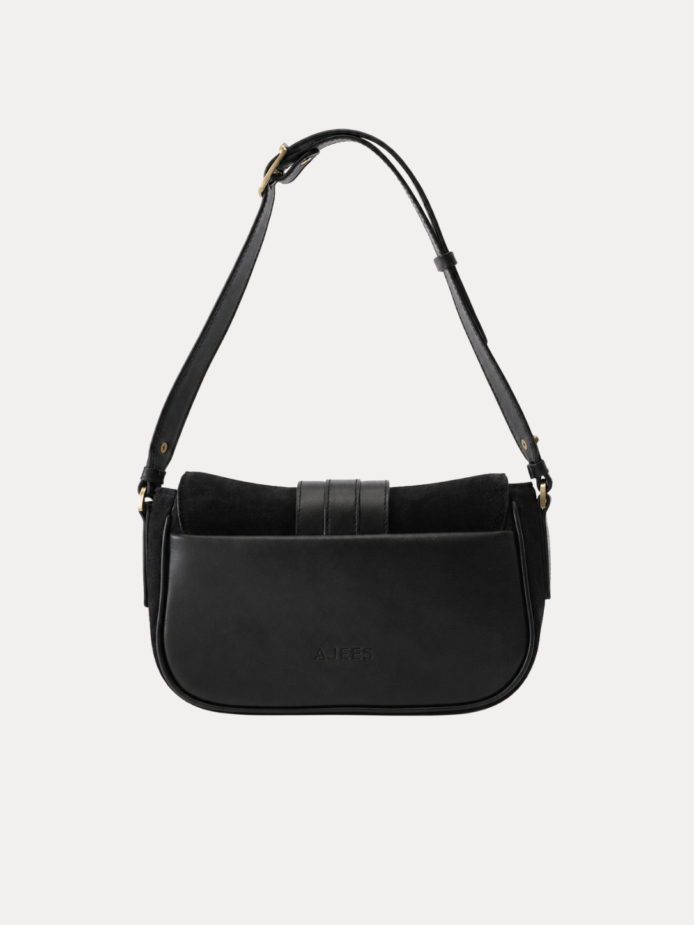 AJEES black velvet shoulder bag with leather strap and gold-tone hardware
