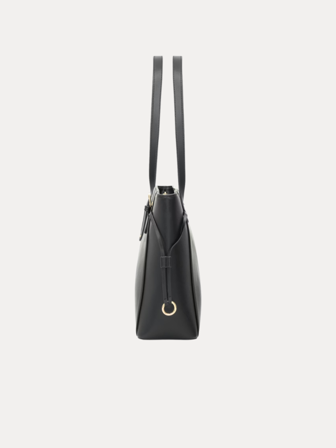 "Elegant Women's black tote bag with gold buckle straps and side lace detail"