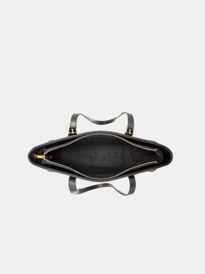 "Elegant Women's black tote bag with gold buckle straps and side lace detail"