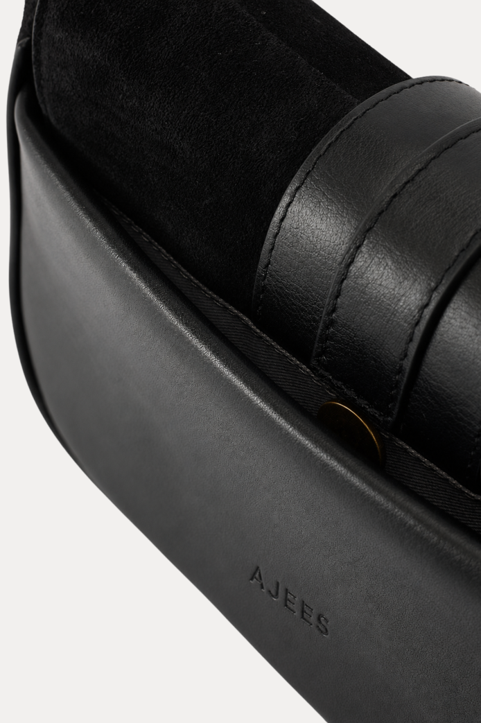 AJEES black velvet shoulder bag with leather strap and gold-tone hardware