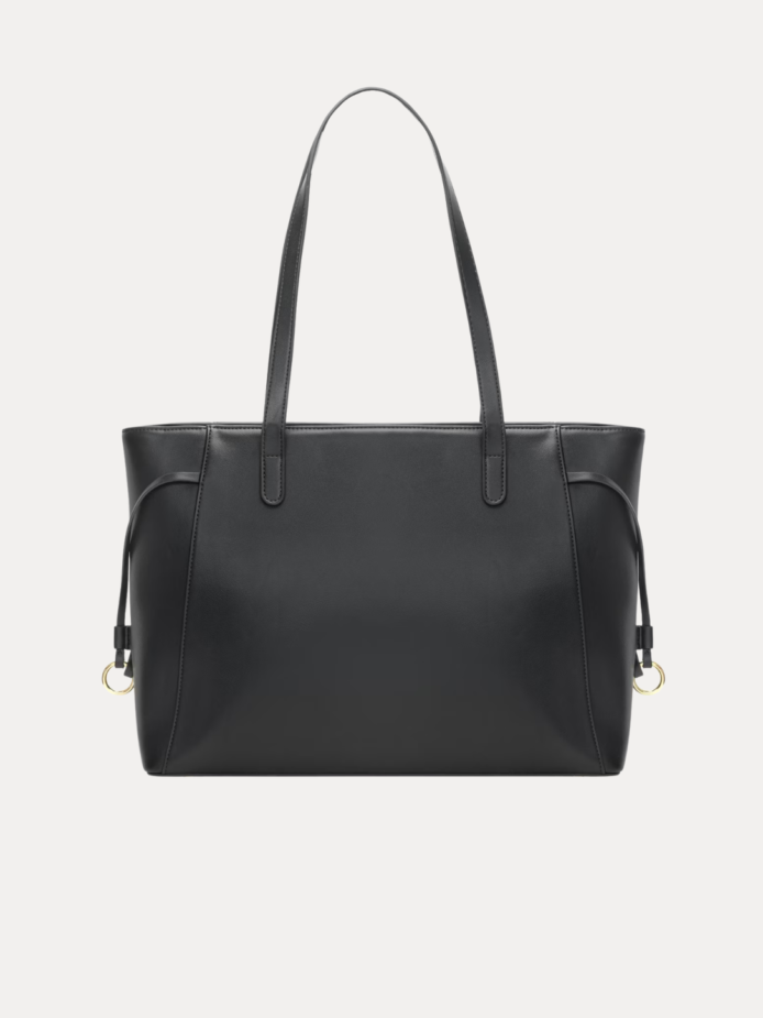 "Elegant Women's black tote bag with gold buckle straps and side lace detail"