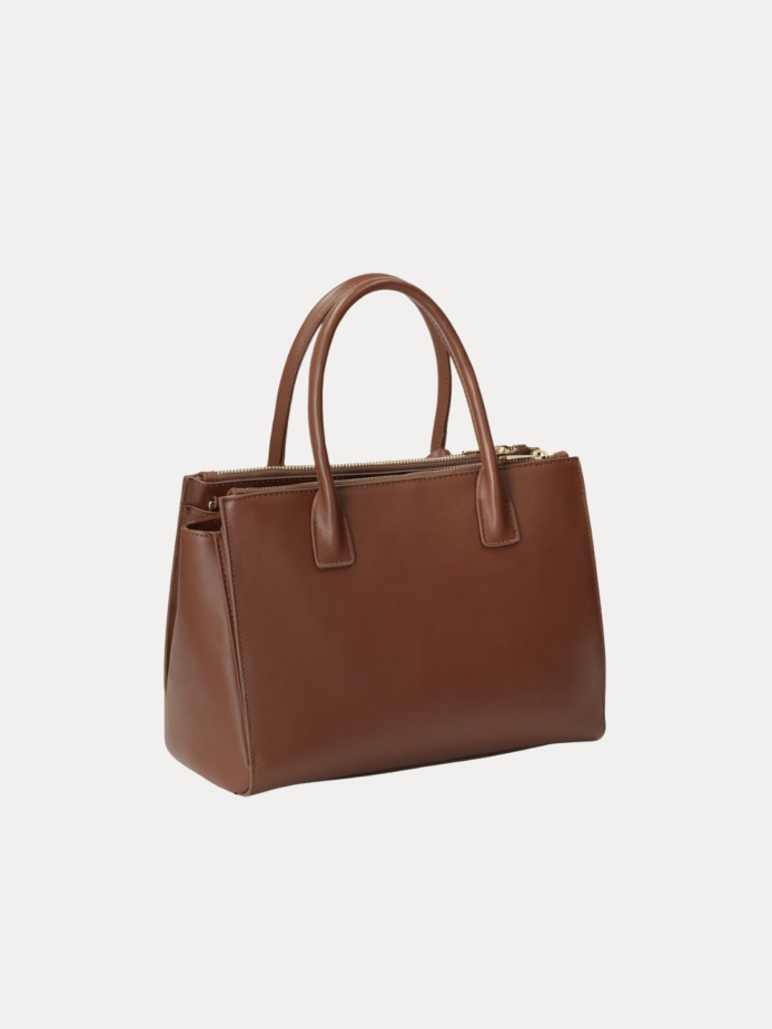AJEES Brown Leather Handbag with Double Handle and Crossbody Strap