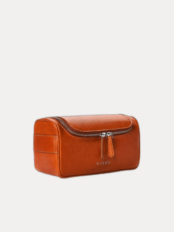 AJEES Women's Toiletry Bag - Black Leather Travel Pouch Front View
