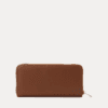 AJEES tan brown genuine leather trifold wallet clutch with gold logo on cream background"