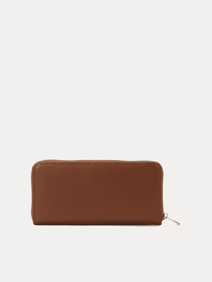 AJEES tan brown genuine leather trifold wallet clutch with gold logo on cream background"