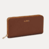 AJEES tan brown genuine leather trifold wallet clutch with gold logo on cream background"