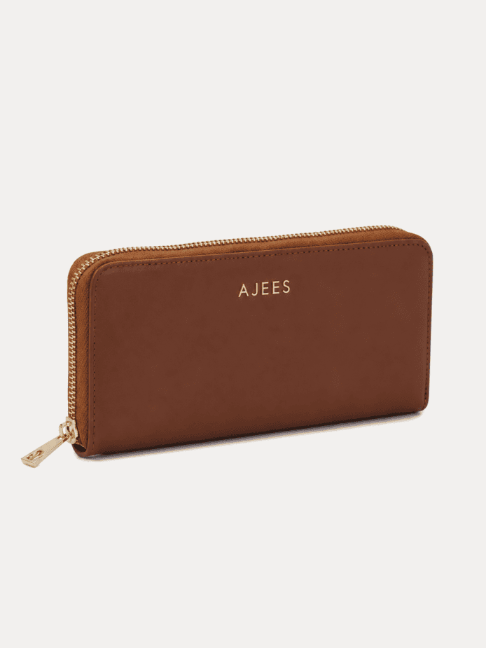 AJEES tan brown genuine leather trifold wallet clutch with gold logo on cream background"