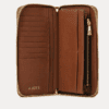 AJEES tan brown genuine leather trifold wallet clutch with gold logo on cream background"