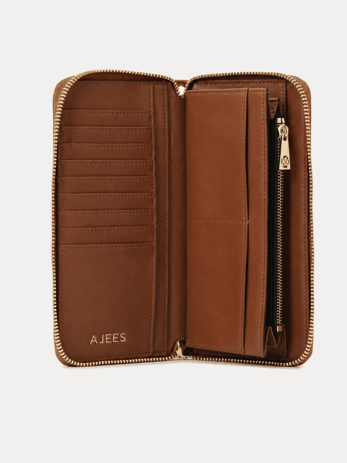 AJEES tan brown genuine leather trifold wallet clutch with gold logo on cream background"