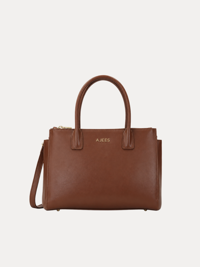 AJEES Brown Leather Handbag with Double Handle and Crossbody Strap