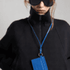 AJEES premium blue genuine leather card holder with lanyard featuring RFID protection and multiple card slots.