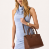 AJEES Brown Leather Handbag with Double Handle and Crossbody Strap