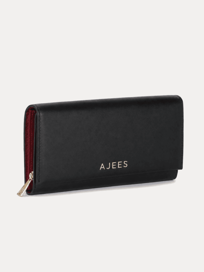 AJEES Roma women's black leather flap wallet - front view