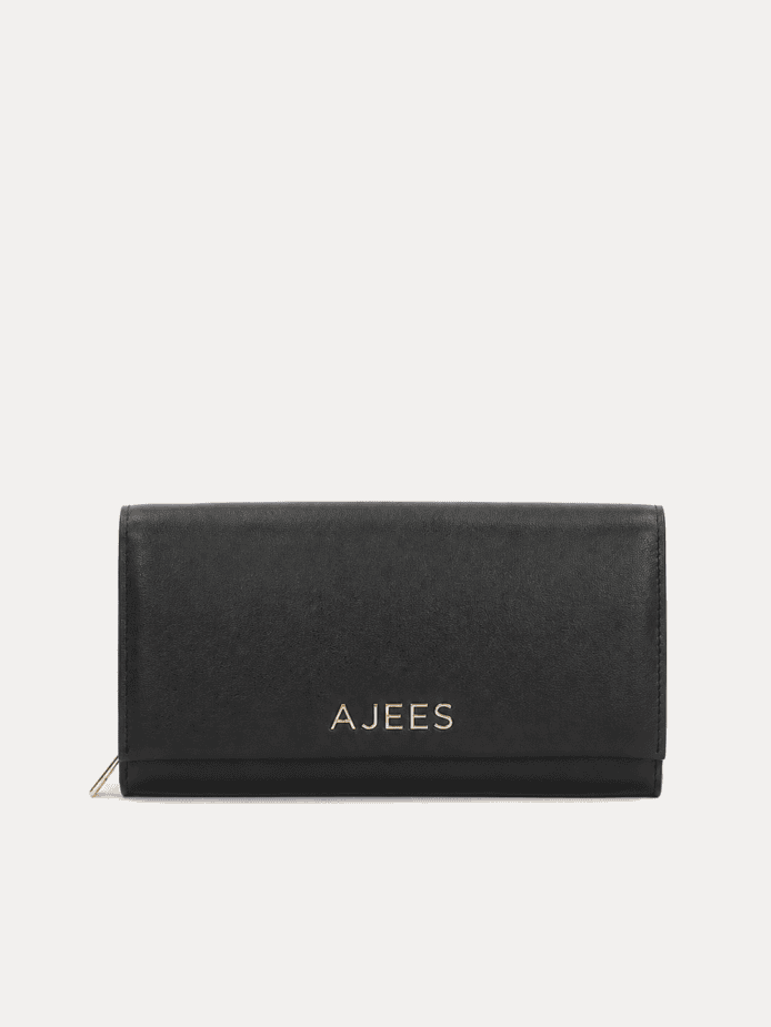 AJEES Roma women's black leather flap wallet - front view