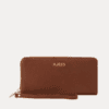 AJEES tan brown genuine leather trifold wallet clutch with gold logo on cream background"