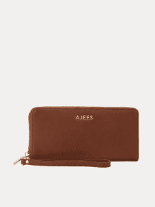 AJEES tan brown genuine leather trifold wallet clutch with gold logo on cream background"