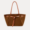 "Hunar Women's tan suede tote bag with knot detail and leather handles"