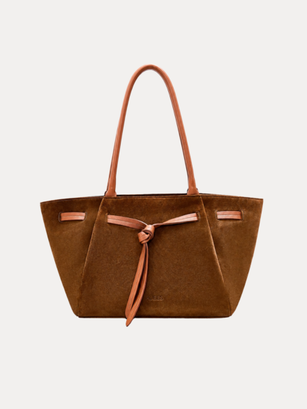 "Hunar Women's tan suede tote bag with knot detail and leather handles"