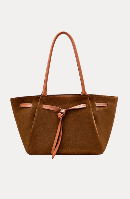 "Hunar Women's tan suede tote bag with knot detail and leather handles"
