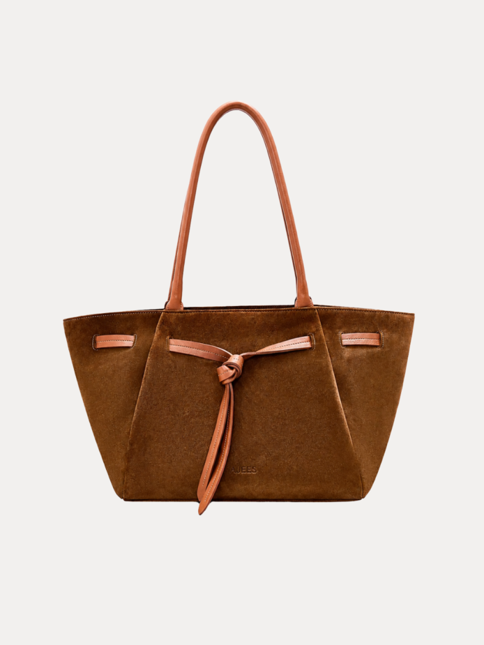 "Hunar Women's tan suede tote bag with knot detail and leather handles"