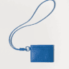 AJEES premium blue genuine leather card holder with lanyard featuring RFID protection and multiple card slots.