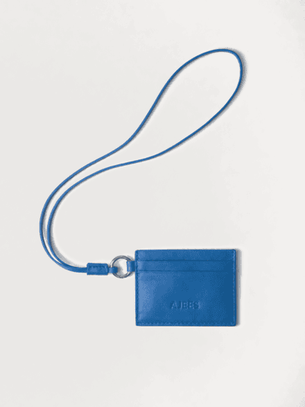 AJEES premium blue genuine leather card holder with lanyard featuring RFID protection and multiple card slots.
