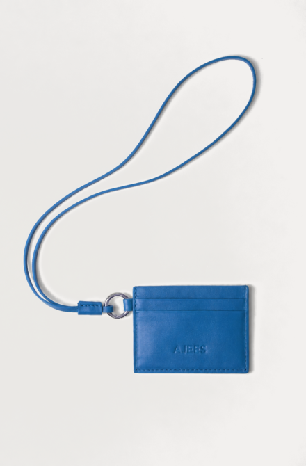 AJEES premium blue genuine leather card holder with lanyard featuring RFID protection and multiple card slots.