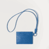 AJEES premium blue genuine leather card holder with lanyard featuring RFID protection and multiple card slots.