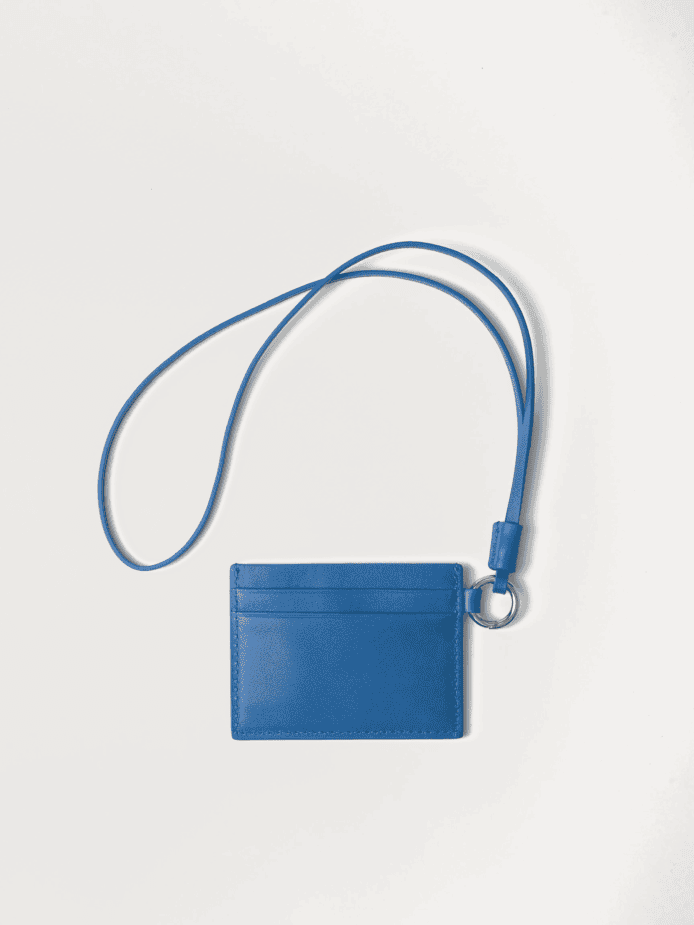 AJEES premium blue genuine leather card holder with lanyard featuring RFID protection and multiple card slots.
