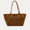 "Hunar Women's tan suede tote bag with knot detail and leather handles"