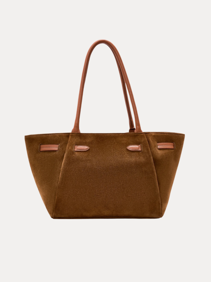 "Hunar Women's tan suede tote bag with knot detail and leather handles"
